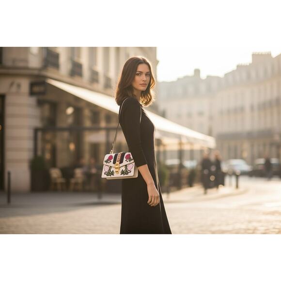 GUCCI Sylvie Embroidered Floral Shoulder Bag in White - Picture 2 of 16